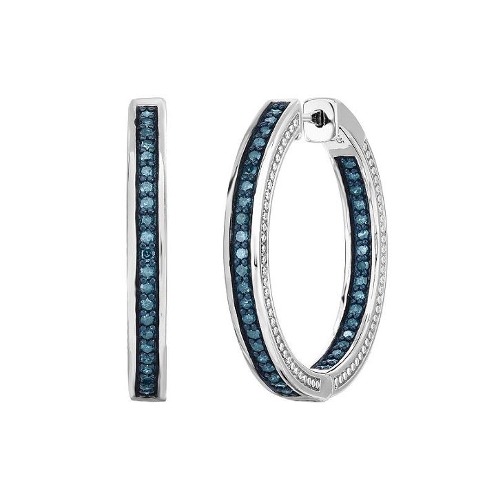 Sterling Silver 1 Carat T.w. Blue Diamond Inside Out Hoop Earrings, Women's