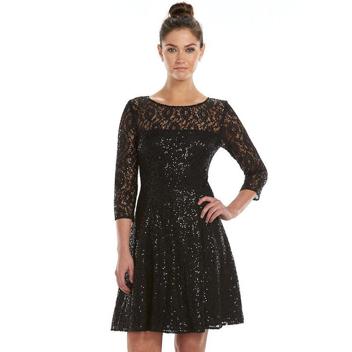 Women's Expo Lace Sequin Fit & Flare Dress, Size: 14, Lt Brown