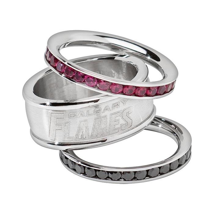 Logoart Nhl Calgary Flames Stainless Steel Crystal Stack Ring Set, Women's, Size: 8, Multicolor
