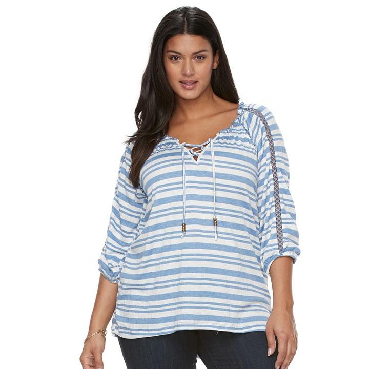 Plus Size French Laundry Striped Lace-up Top, Women's, Size: 1xl, Turquoise/blue (turq/aqua)
