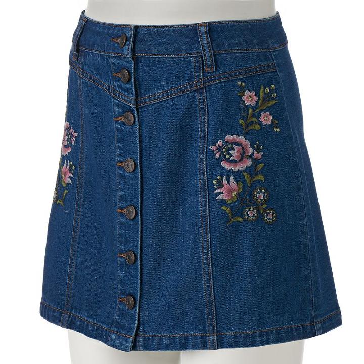 Juniors' Mudd&reg; Floral Embroidery Button-front Jean Skirt, Girl's, Size: 5, Blue Other