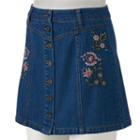 Juniors' Mudd&reg; Floral Embroidery Button-front Jean Skirt, Girl's, Size: 5, Blue Other