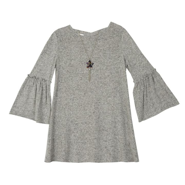 Girls 7-16 And Plus Size Iz Amy Byer Ruffled Bell Sleeve Dress With Necklace, Size: Xxl Plus, Light Grey