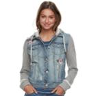 Juniors' Mudd&reg; Floral Knit-sleeve Denim Jacket, Teens, Size: Medium, Dark Blue