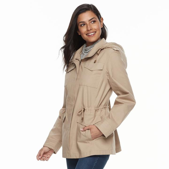 Women's D.e.t.a.i.l.s Hooded Cotton Anorak Jacket, Size: Medium, Beig/green (beig/khaki)