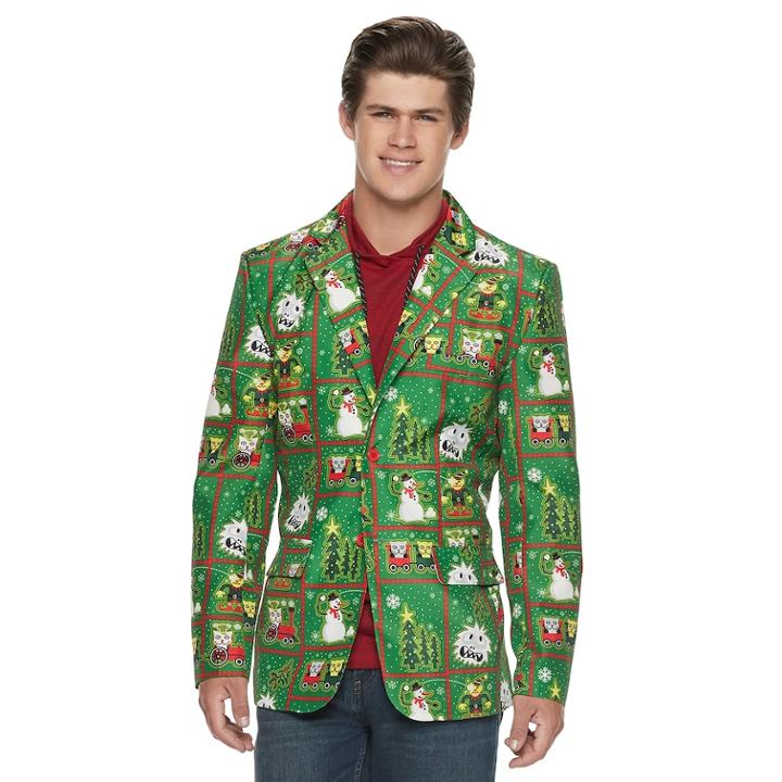 Men's Christmas Patchwork Pattern Blazer, Size: Large, Green