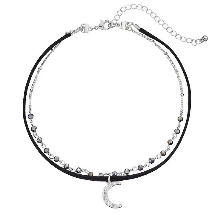 Crescent Pendant Double Strand Choker Necklace, Women's, Black