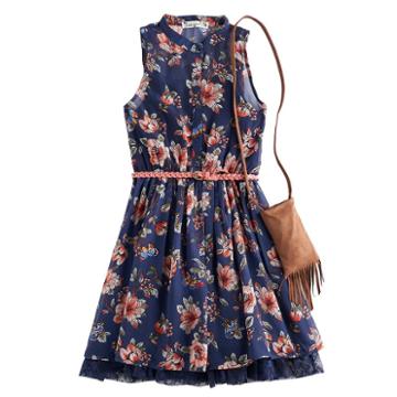 Girls 7-16 Knit Works Floral Chiffon Shirtdress With Crossbody Fringe Purse, Size: 8, Blue (navy)