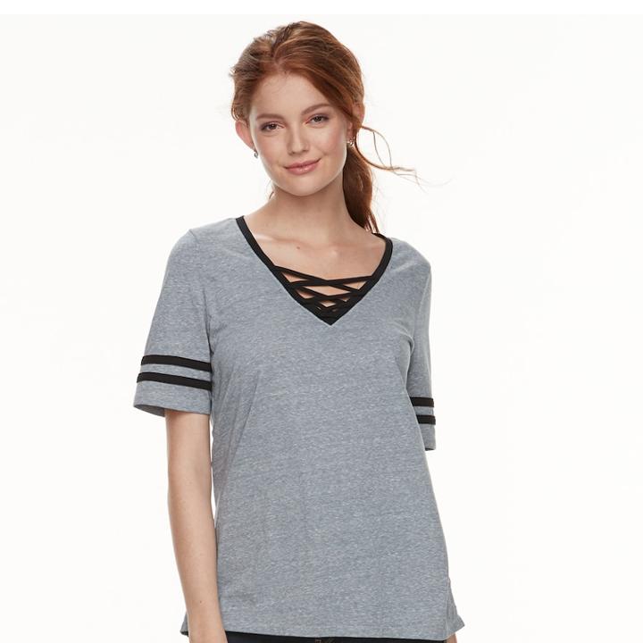 Juniors' So&reg; Lace-up Varsity Tee, Teens, Size: Large, Grey (charcoal)