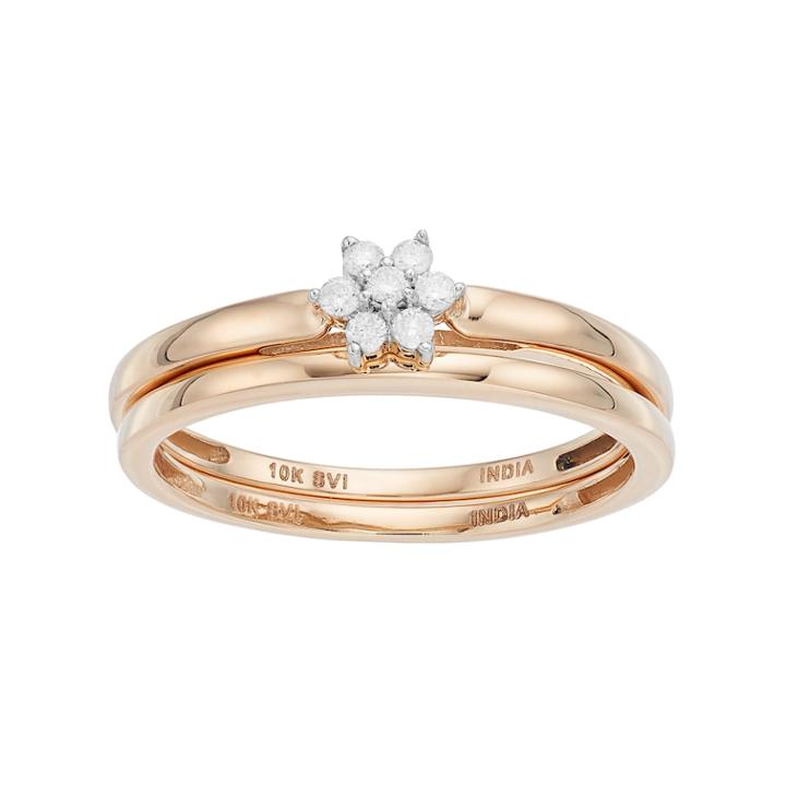 10k Gold 1/10 Carat T.w. Diamond Flower Engagement Ring Set, Women's, White