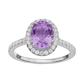 Rebecca Sloane Amethyst & Cubic Zirconia Platinum Over Silver Halo Ring, Women's, Size: 8, Purple
