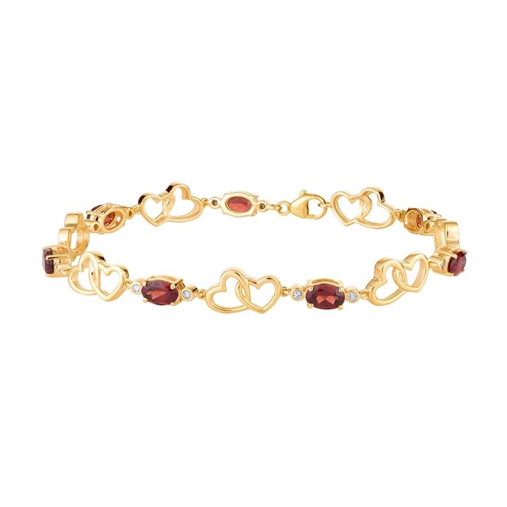 10k Gold Garnet & 1/6 Carat T.w. Diamond Double Heart Link Bracelet, Women's, Size: 7.5, Red