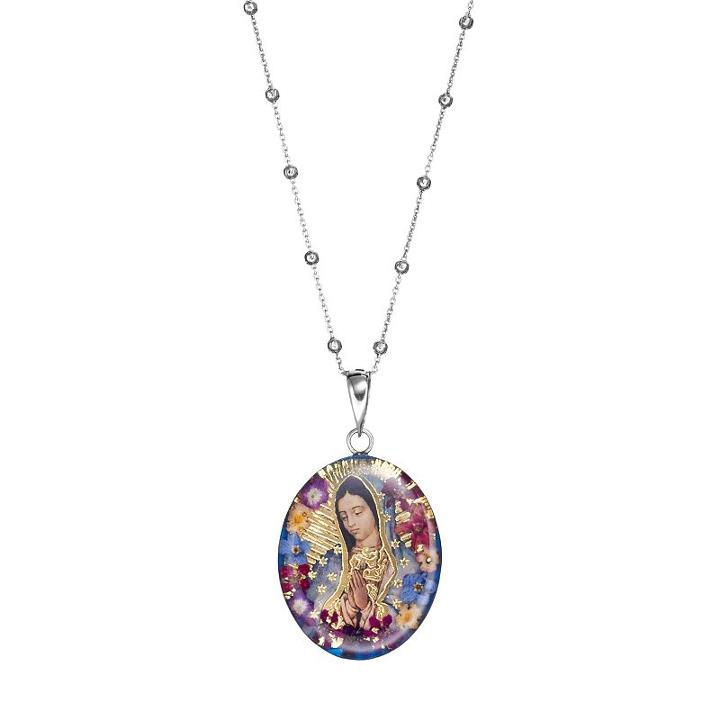 Sterling Silver Large Pressed Flower Mary Pendant Necklace, Women's, Size: 24, Multicolor