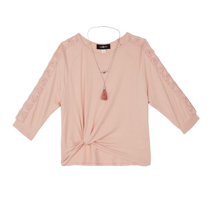 Plus Size Girls 7-16 Iz Amy Byer Front Twist Raglan Lattice Sleeve Top With Necklace, Size: Xxl Plus, Med Pink