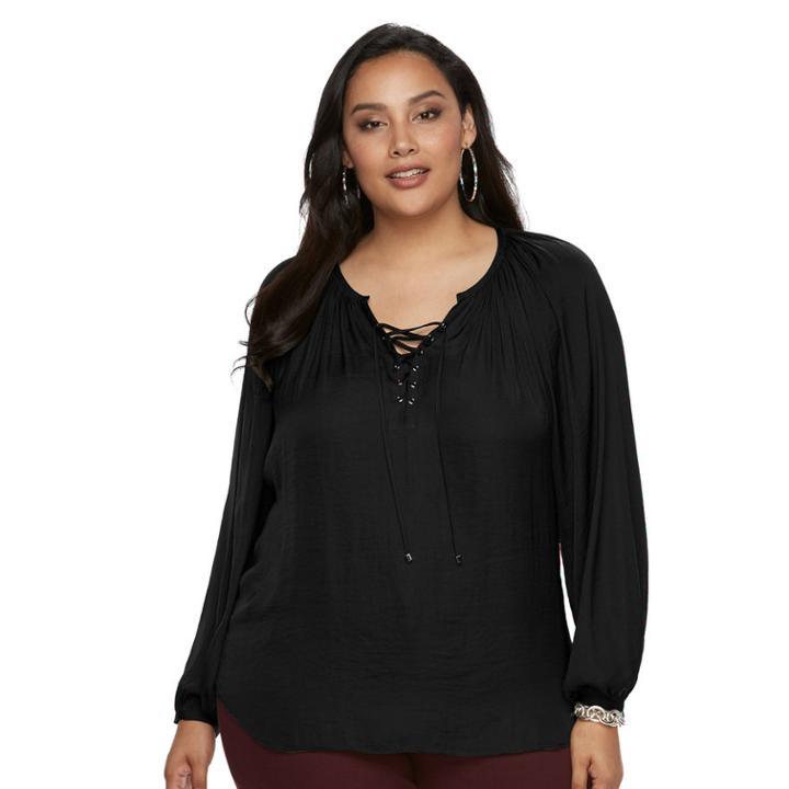 Plus Size Jennifer Lopez Lace-up Blouse, Women's, Size: 2xl, Black