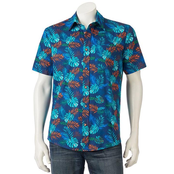 Men's Ocean Current Tropical Print Button-down Shirt, Size: Xxl, Dark Blue