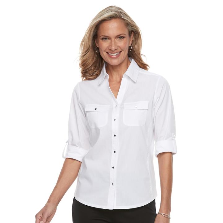 Petite Croft & Barrow&reg; Knit-to-fit Roll-tab Shirt, Women's, Size: L Petite, White
