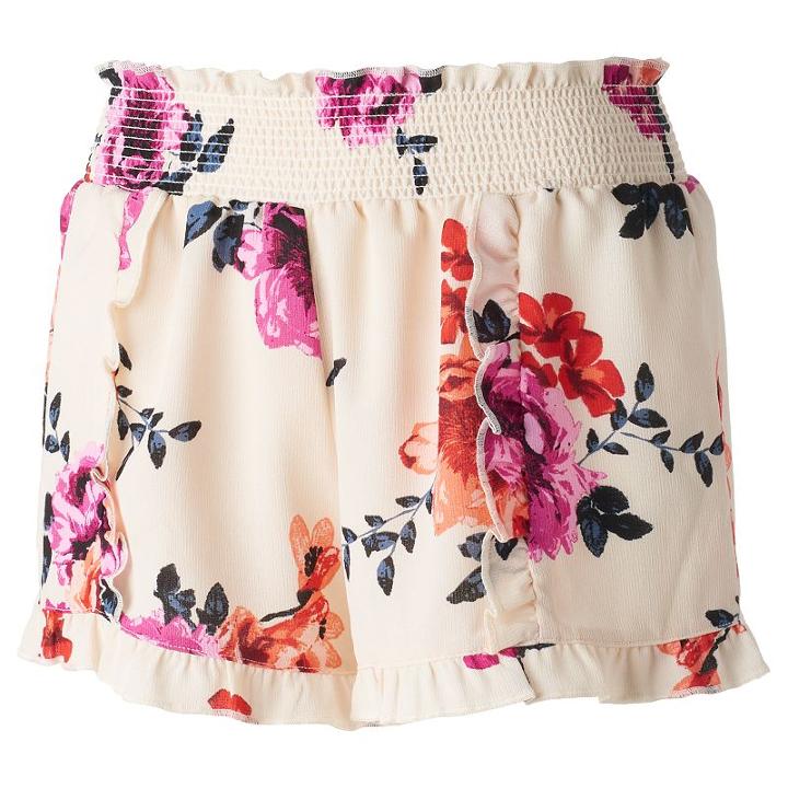Juniors' About A Girl Print Ruffle-hem Shortie Shorts, Size: Small, Natural