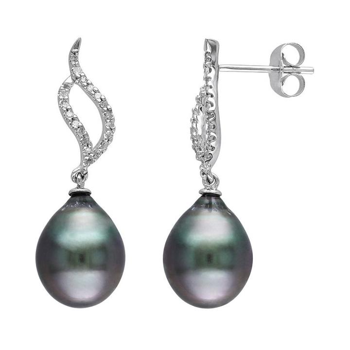 10k White Gold Tahitian Cultured Pearl & 1/10 Carat T.w. Diamond Swirl Drop Earrings, Women's, Black