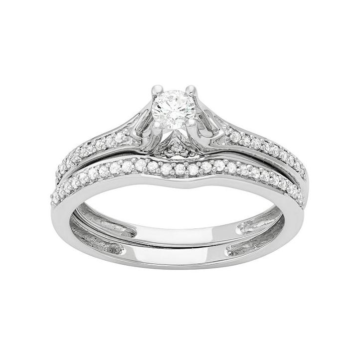 14k White Gold 1/2 Carat T.w. Diamond Engagement Ring Set, Women's, Size: 7