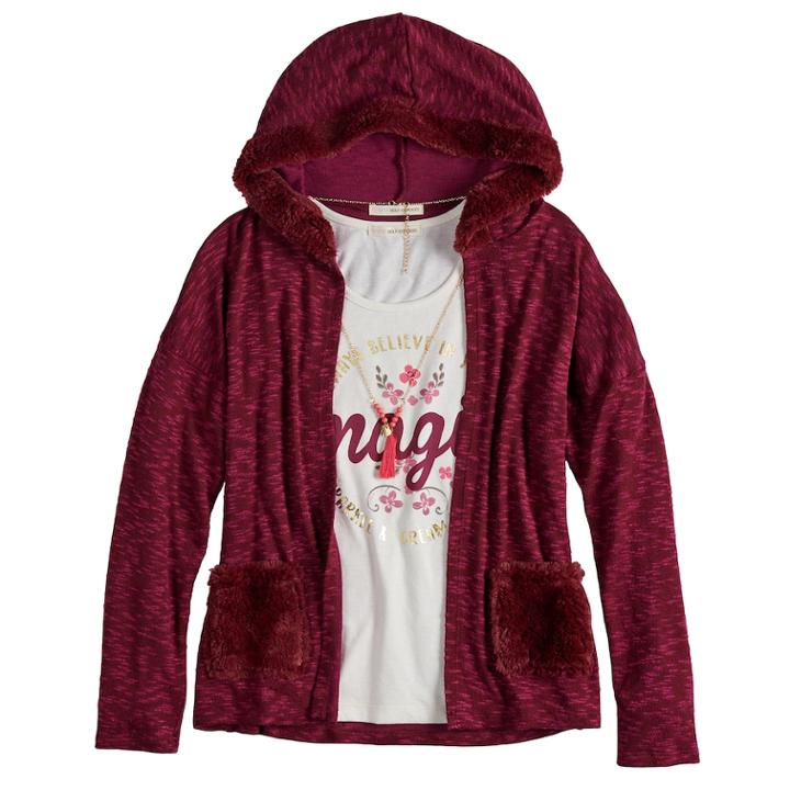 Girls 7-16 & Plus Size Self Esteem Hooded Cardigan & Tank Top Set With Necklace, Size: M Plus, Dark Brown