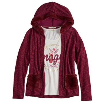 Girls 7-16 & Plus Size Self Esteem Hooded Cardigan & Tank Top Set With Necklace, Size: M Plus, Dark Brown