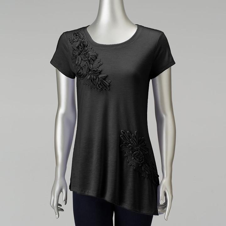 Petite Simply Vera Vera Wang Floral Asymmetrical Tee, Women's, Size: S Petite, Black