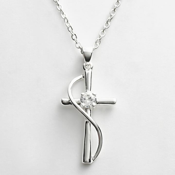 Silver Plated Cubic Zirconia Cross Pendant, Women's, Grey