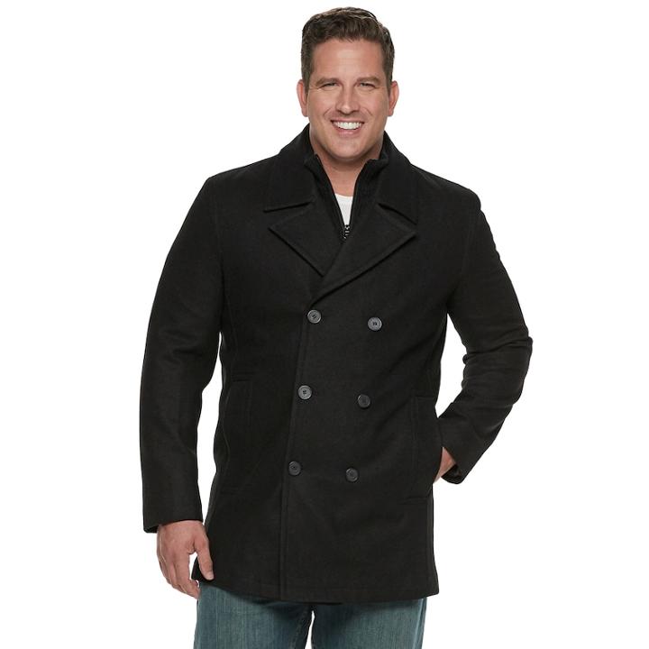 Men's Andrew Marc Wool-blend Double-breasted Bibbed Peacoat, Size: Xl Tall, Black