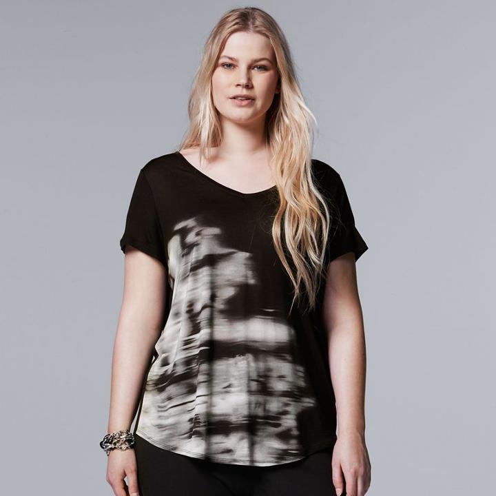 Plus Size Simply Vera Vera Wang Printed Rounded-hem Tee, Women's, Size: 0x, Black