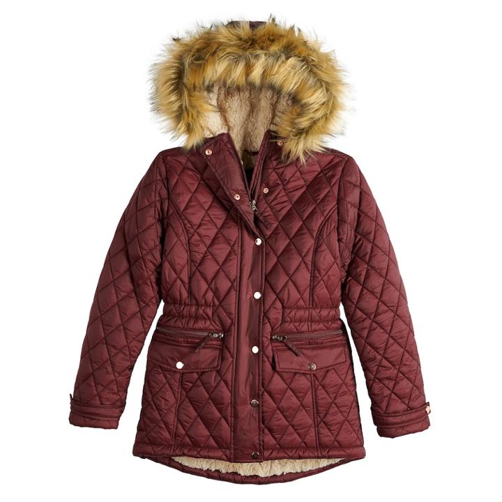 Girls 7-16 So&reg; Faux Fur Lined Heavyweight Quilted Parka Jacket, Size: 10-12, Med Red