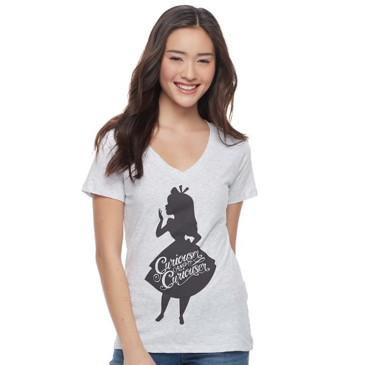 Disney's Alice In Wonderland Juniors' V-neck Graphic Tee, Teens, Size: Medium, Grey