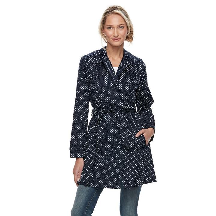 Women's Towne By London Polka-dot Trench Coat, Size: Small, Blue Other