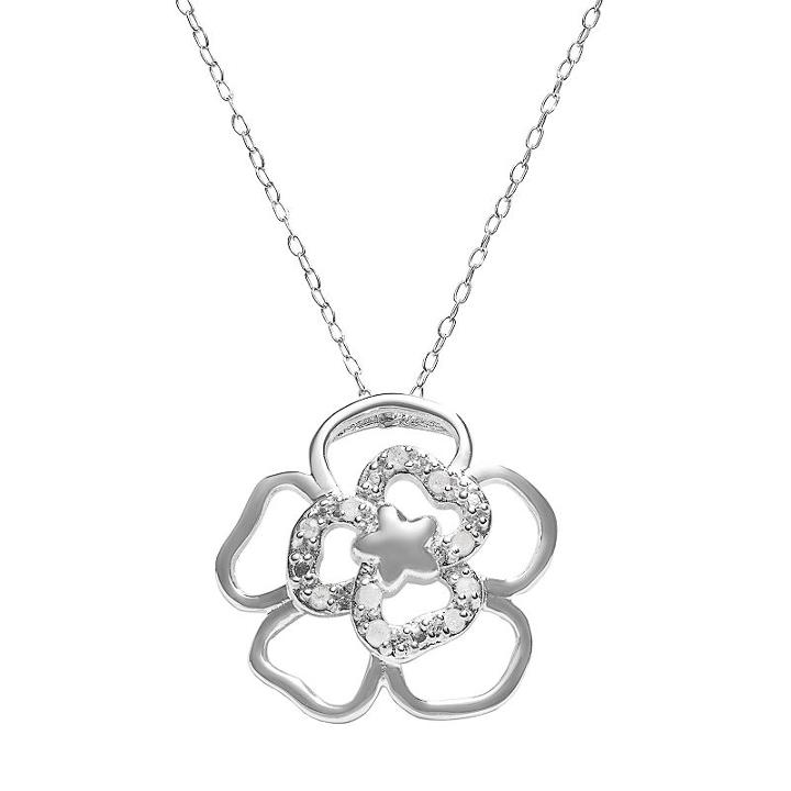 Sterling Silver 1/10-ct. T.w. Diamond Openwork Flower Pendant, Women's, Size: 18, White