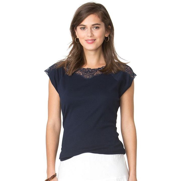 Petite Chaps Lace-yoke Boatneck Tee, Women's, Size: L Petite, Blue (navy)