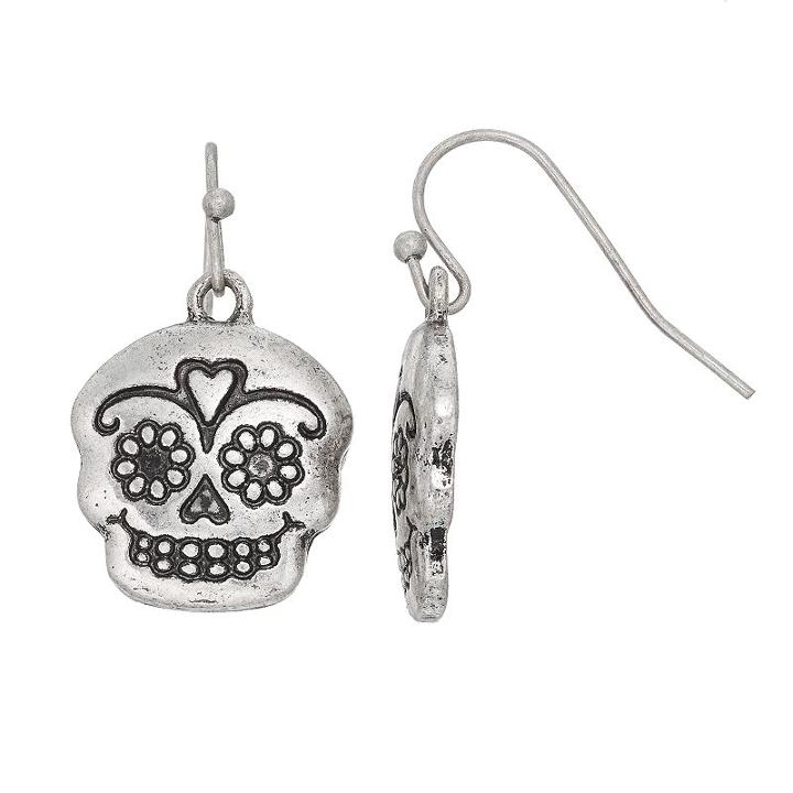 Antiqued Calaca Skull Nickel Free Drop Earrings, Women's, Silver
