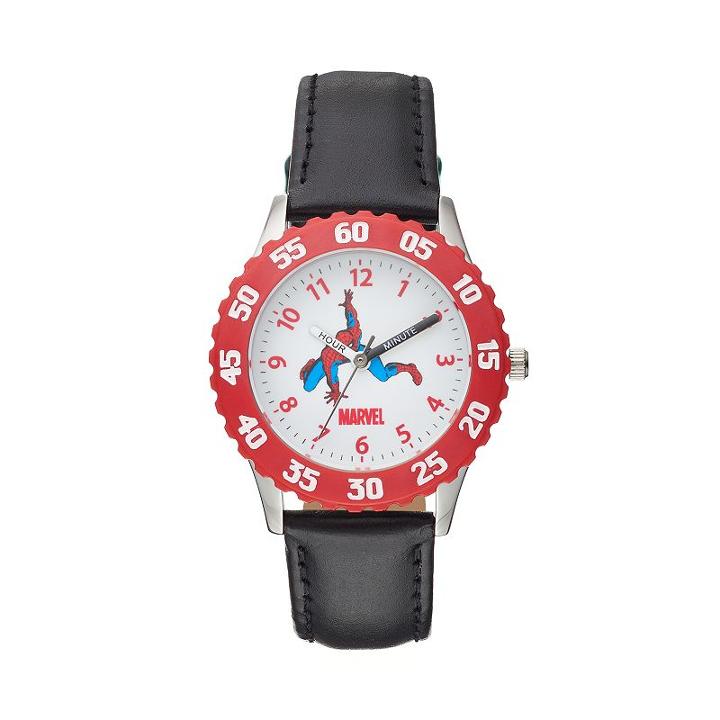 Marvel Spider-man Boy's Leather Time Teacher Watch, Black