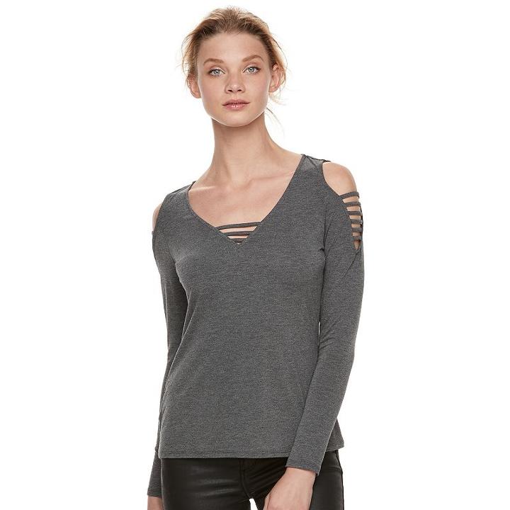 Women's Rock & Republic&reg; Gray Strappy Cold-shoulder Tee, Size: Xs, Dark Grey