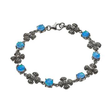 Tori Hill Simulated Blue Opal And Marcasite Sterling Silver Flower Bracelet, Women's, Size: 7.25, Grey