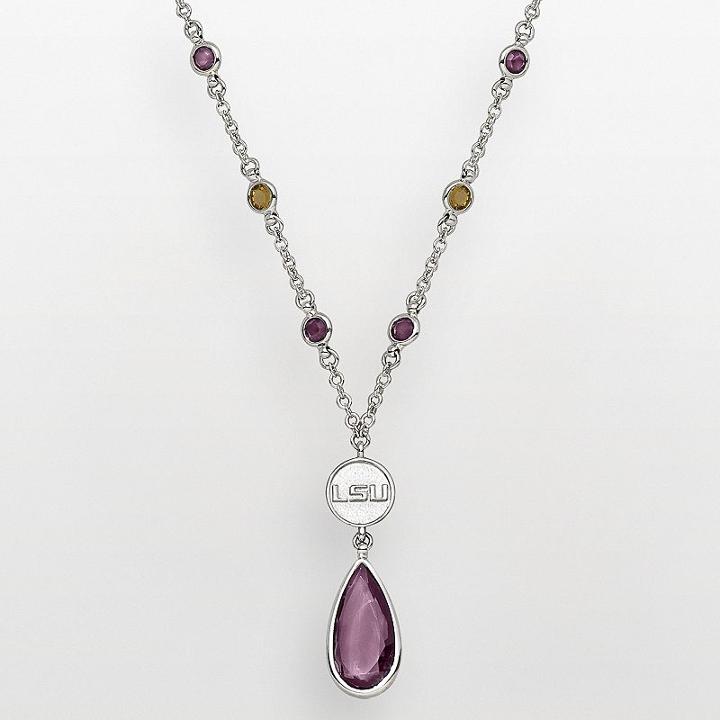 Lsu Tigers Silver Tone Crystal Logo Teardrop Y Necklace, Women's, Multicolor