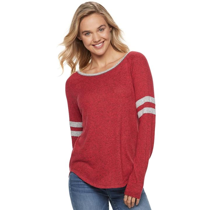 Juniors' So&reg; Long Sleeve Varsity Tee, Teens, Size: Small, Med Red