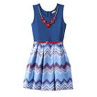 Girls 7-16 Knitworks Chevron Printed Skirt Skater Dress With Necklace, Girl's, Size: 10, Blue