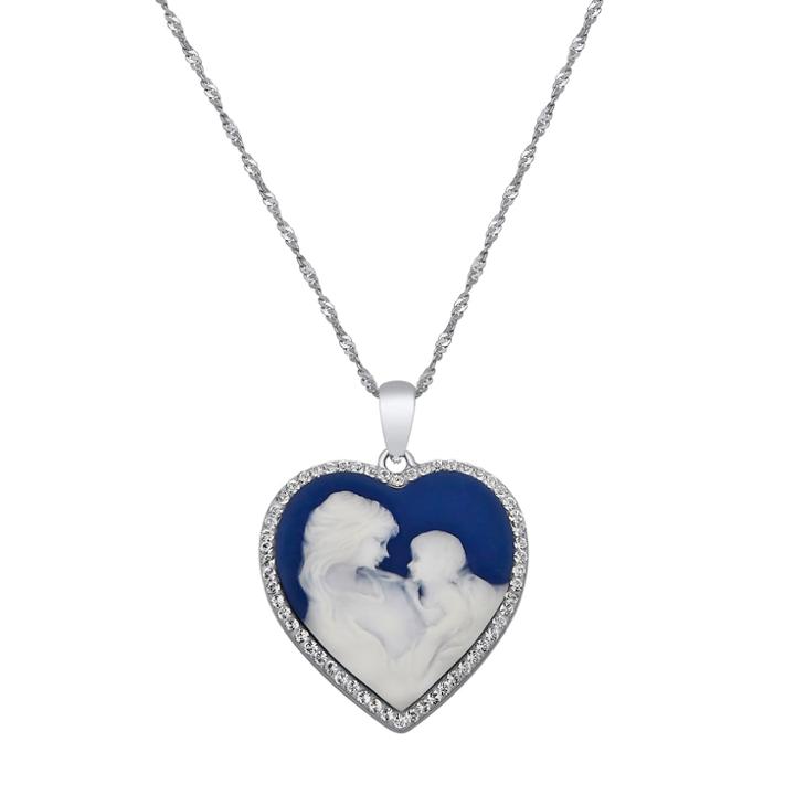 Sterling Silver Crystal Motherly Love Cameo Pendant, Women's, Size: 18, Blue