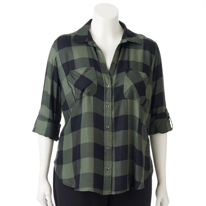 Plus Size Rock & Republic&reg; Plaid Roll-tab Shirt, Women's, Size: 2xl, Green