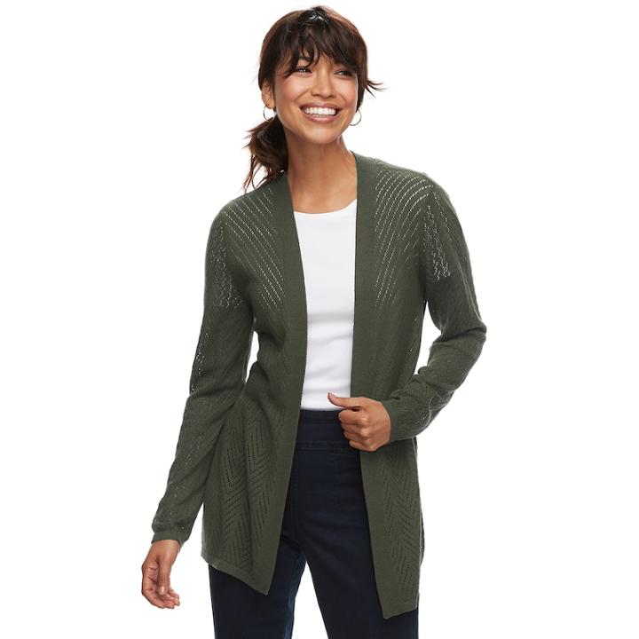 Petite Croft & Barrow&reg; Pointelle Open Front Cardigan, Women's, Size: S Petite, Dark Green