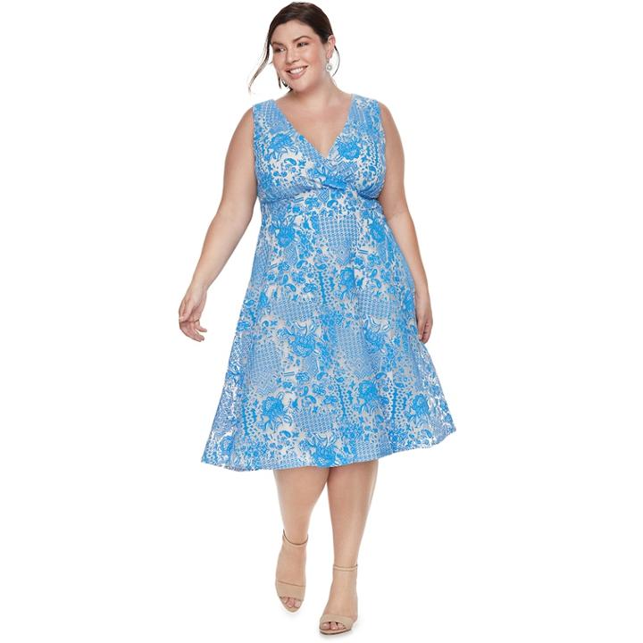 Plus Size Chaya Lace Print Fit & Flare Dress, Women's, Size: 14 W, Natural
