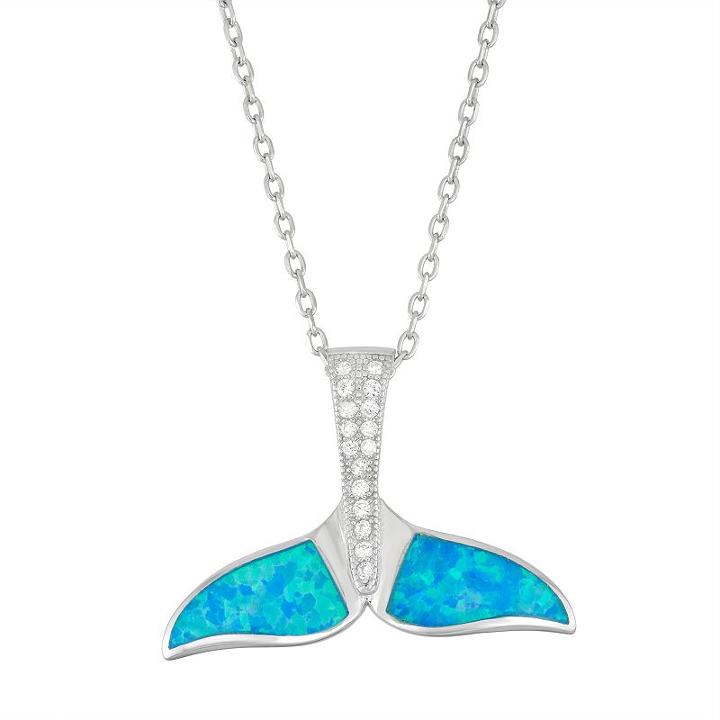 Sterling Silver Lab-created Blue Opal & Cubic Zirconia Whale Tail Pendant Necklace, Women's, Size: 18