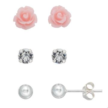Charming Girl Kids' Crystal, Flower & Ball Stud Earring Set, White