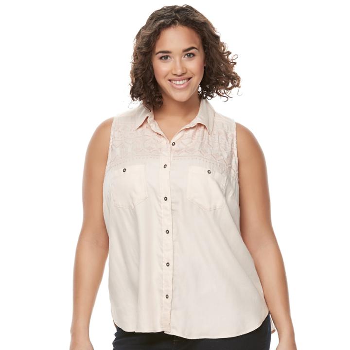 Juniors' Plus Size Mudd&reg; Embroidered Sleeveless Blouse, Size: 1xl, Lt Orange