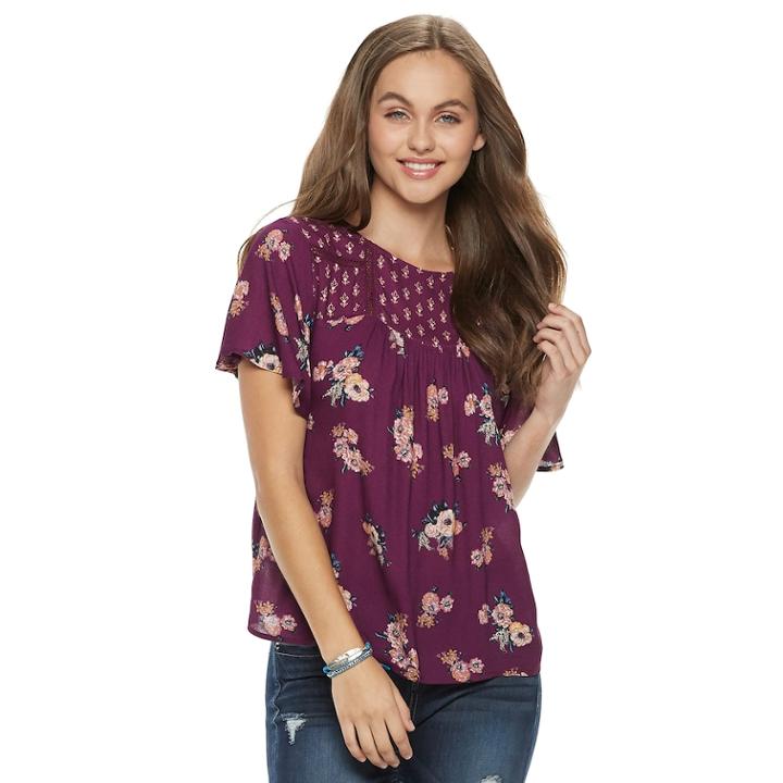 Juniors' Rewind Floral Flutter Sleeve Top, Teens, Size: Xs, Dark Red